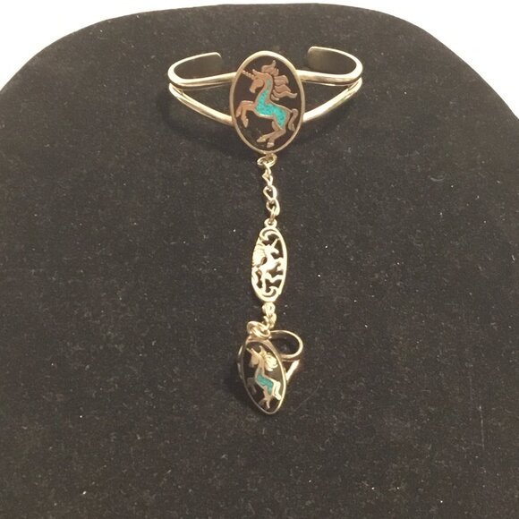 Vintage unicorn slave bracelet w/ ring and inlaid turquoise - Picture 1 of 14